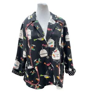 Zoë Black Birdcage Print Jacket Blazer Colorful Birds Polka Dot Trim Artsy XL